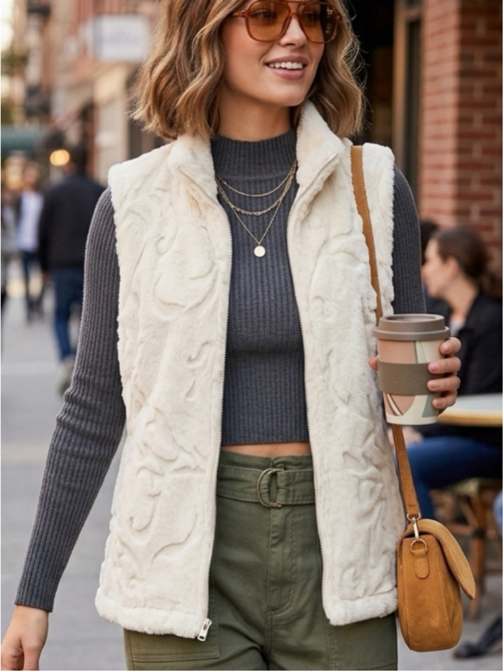 Ladies Coldwater Creek Cream Faux Fur Zip-Up Vest womans M warm, trendy 1358